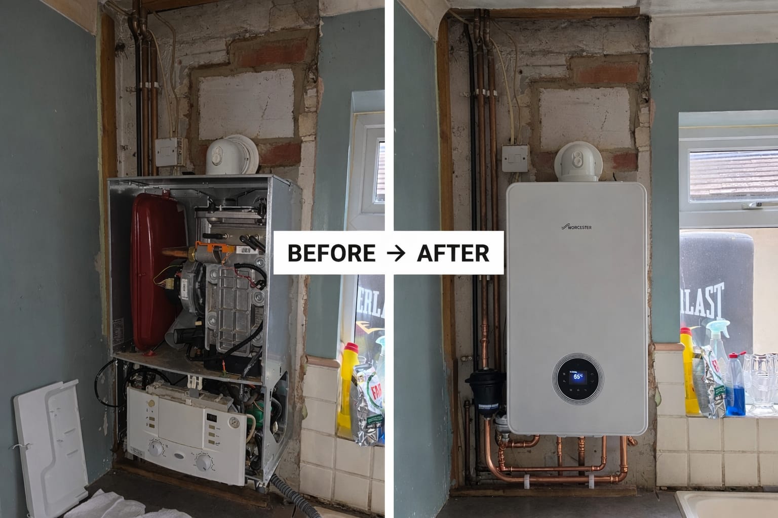 Worcester Bosch combi boiler installed in an external boiler cupboard with neat copper pipework, Surrey